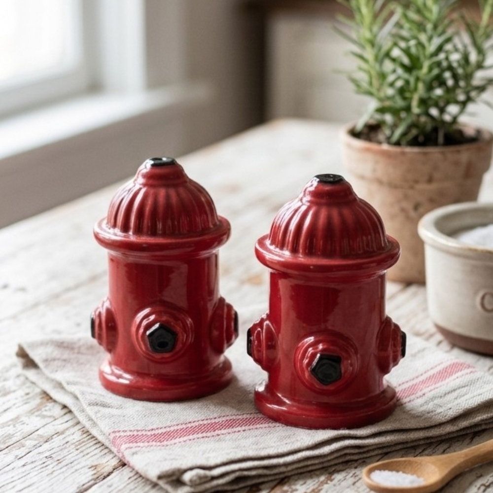 Vintage Style Red Fire Hydrant Salt and Pepper Shakers Set Ceramic Fireman Gift